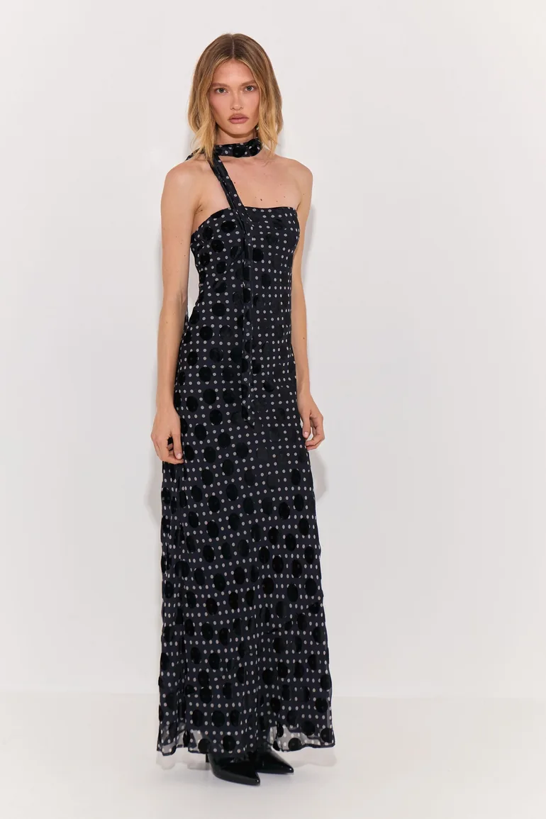 Devore Mixed Spot Bustier Scarf Detail Dress - 3