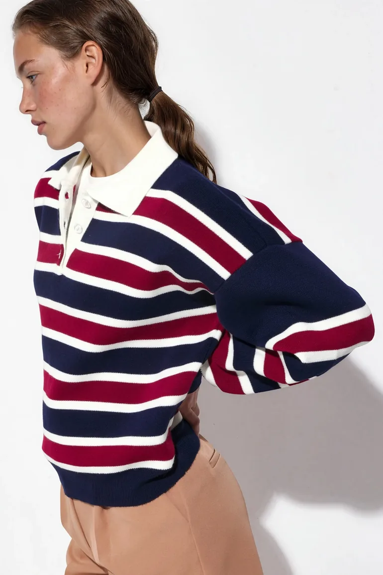 Striped Polo Collar Knit Sweater - 2
