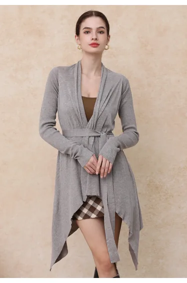 Lightweight Waterfall Open-Front Knit Cardigan in Taupe