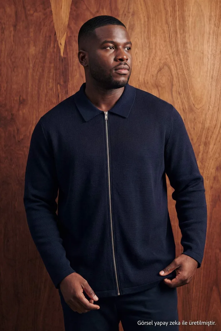 Plus Size Dark Navy Oversize/Wide Cut Waffle Textured Cardigan/Sweatshirt - 6
