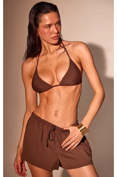 Espresso Linen Look Drawstring Floaty Beach Shorts