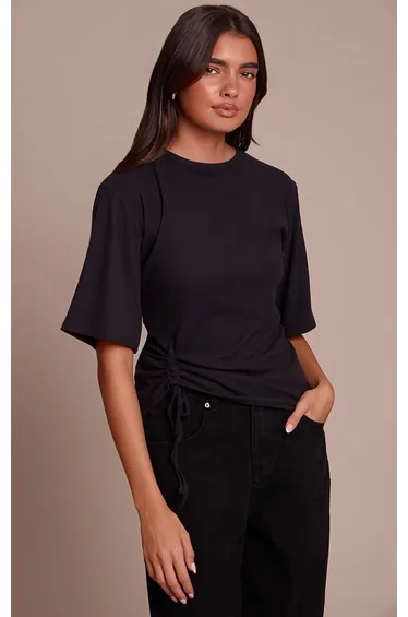 Black Ultra Soft Oversized Ruched Detail T Shirt