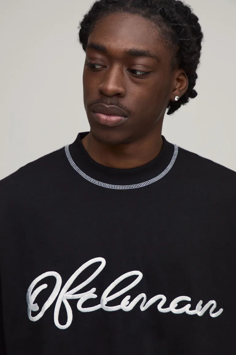 Oversized Exposed Seam Contrast Stitch Embroidered T-Shirt - black - 2