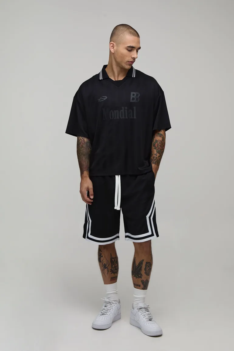 Mid Length Mesh Tape Detail Basketball Shorts - black - 3