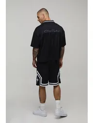 Mid Length Mesh Tape Detail Basketball Shorts - black - 1