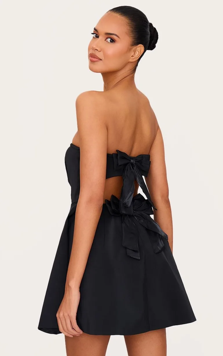 Black Satin Bandeau Bow Back Shift Dress - 5