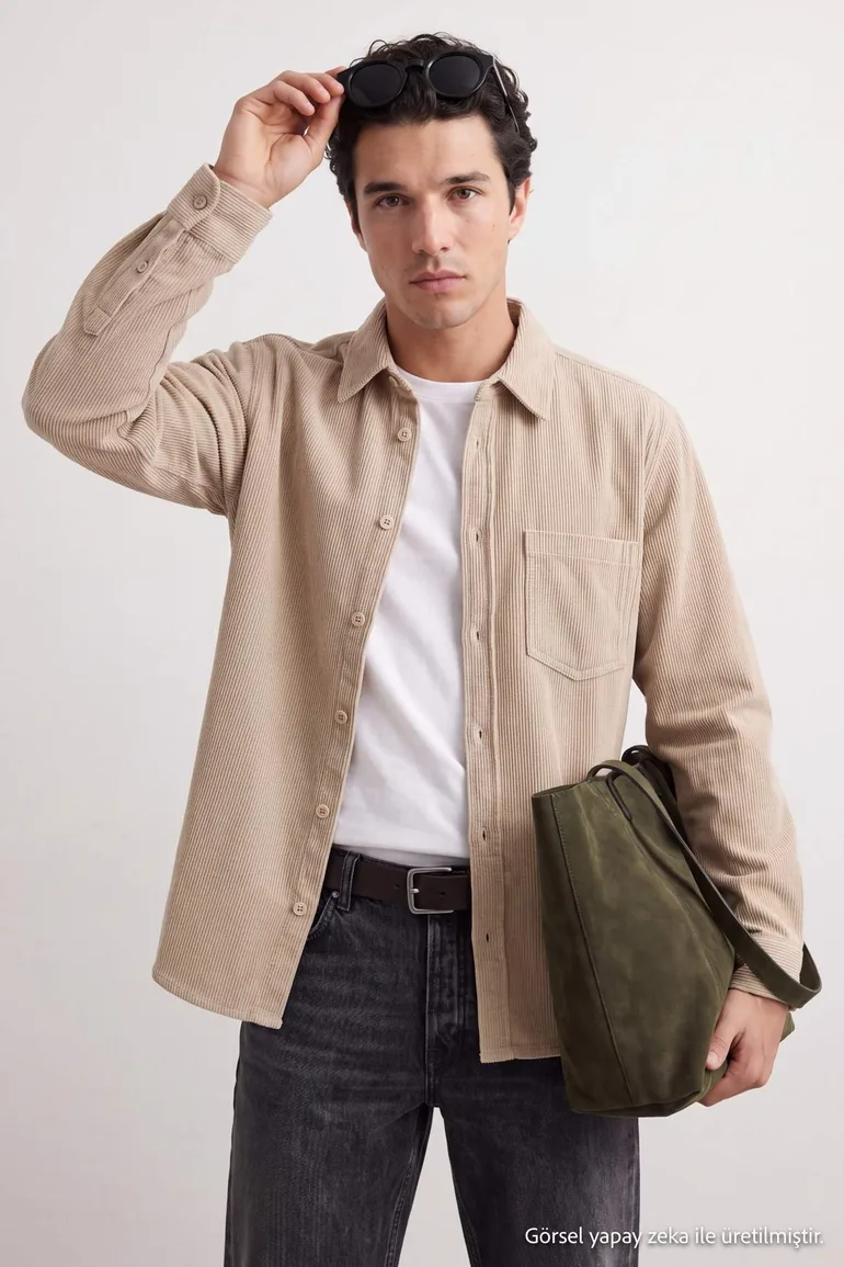 Stone Regular Cut 100% Cotton Corduroy Men's Shirt