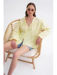Mixray Long Sleeve Relaxed Fit Blouse with Tie-Neck - 1