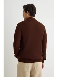 Brown Regular Stand Collar Plain Sweater - 5