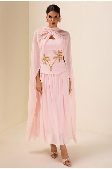 Tracy Sequin Embroidered Chiffon Midi Dress in Pink