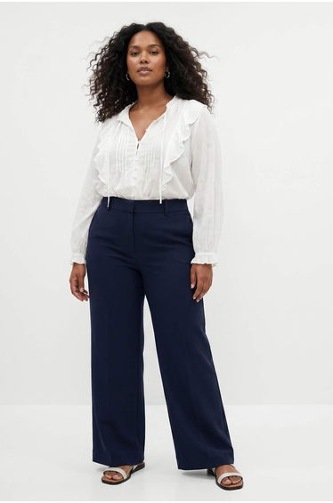 Navy Blue Ribbed Elastic Waist Gabardine Woven Stretchy Plus Size Trousers