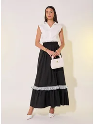 Solid Ruffled Hem Lace Insert A-Line Maxi Skirt