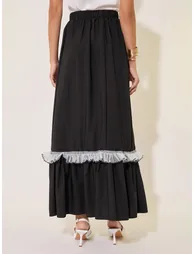 Solid Ruffled Hem Lace Insert A-Line Maxi Skirt - 3