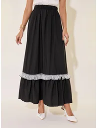 Solid Ruffled Hem Lace Insert A-Line Maxi Skirt - 1