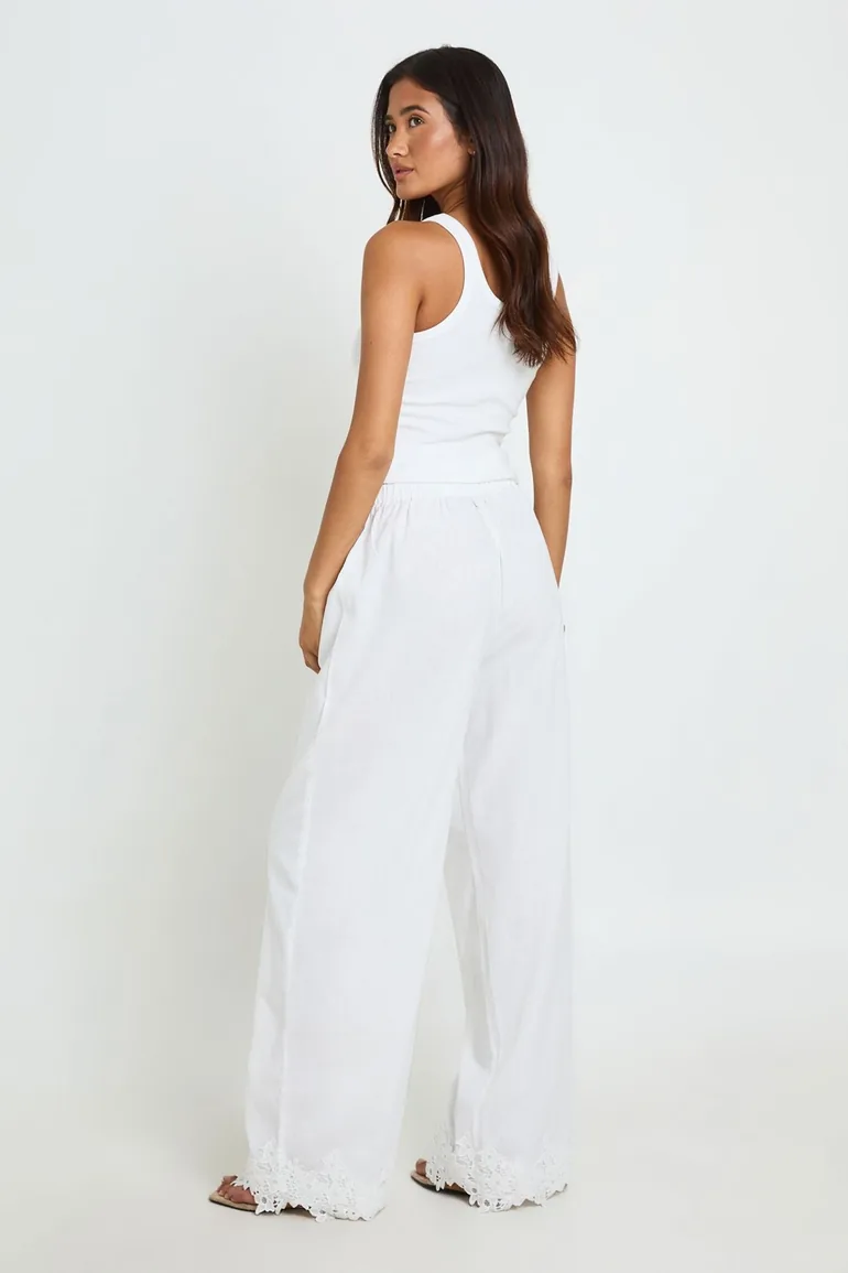 Tall Embroidered Trim Wide Leg Trouser - white - 1