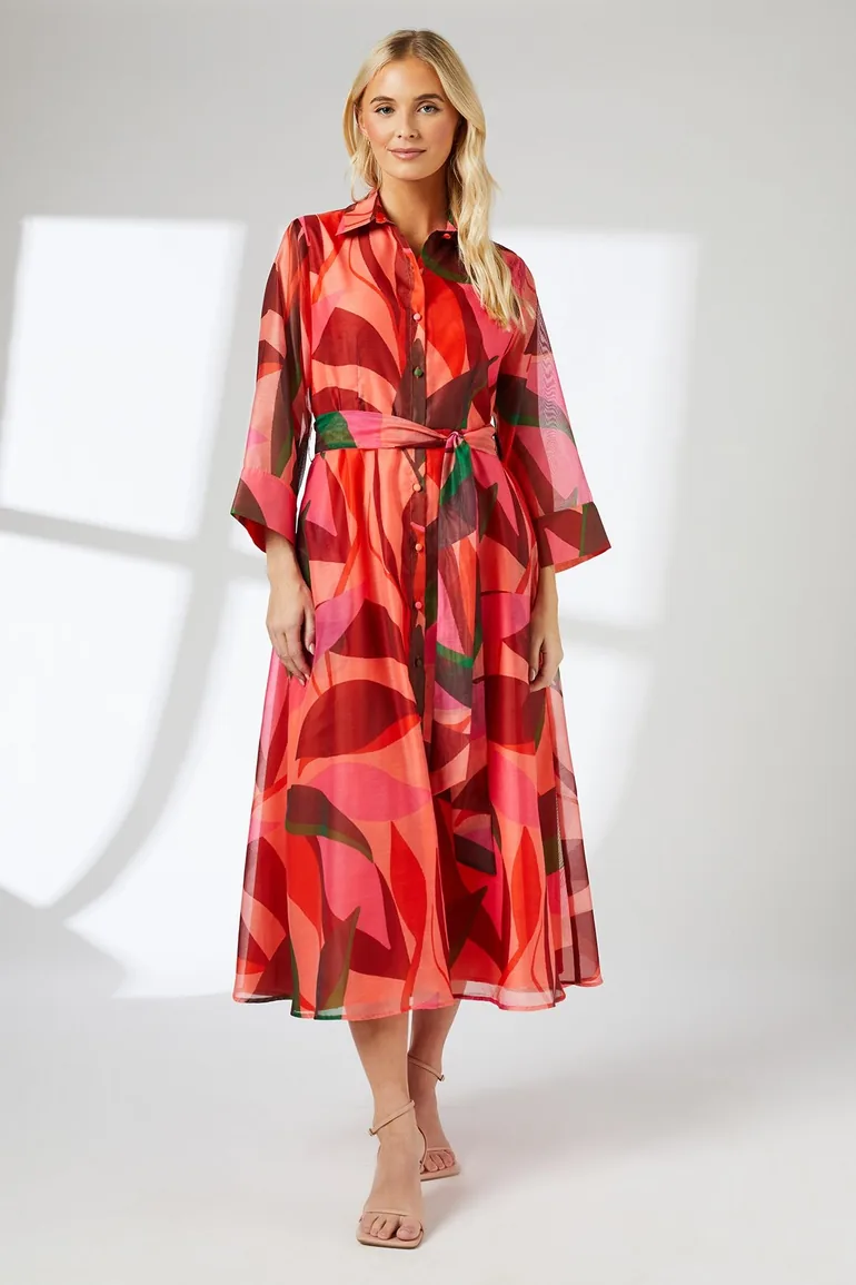Abstract Print Belted Collared Shirt Dress