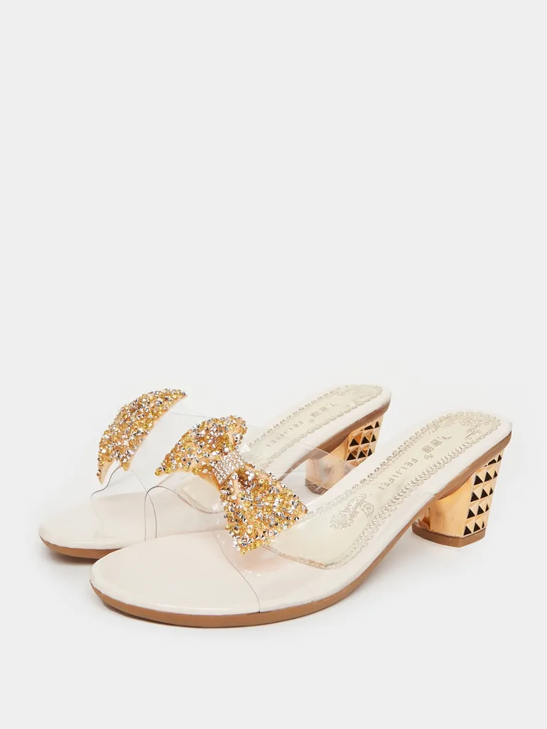 Beige Embellished Transparent Strap Sandals - 1