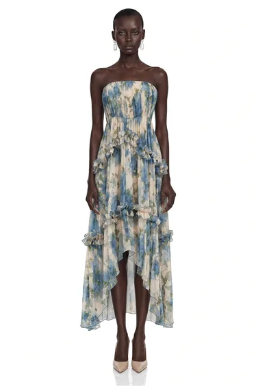 Melany Blue Floral Print Strapless Ruffle Maxi Dress