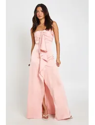 Ruched Bust Drape Front Satin Maxi Dress - peach