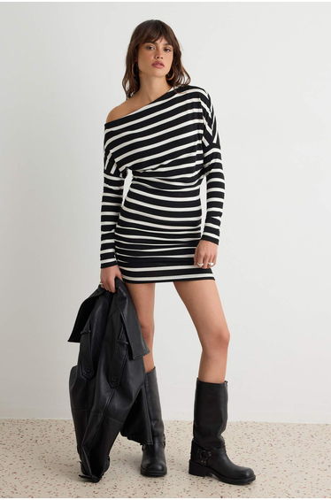 Multi-Colored Asymmetric Collar Bodycone/Fitted Mini Knitted Dress
