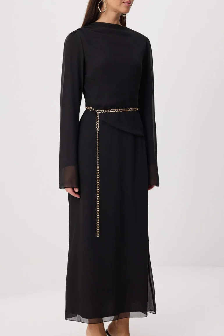 Black Lined Plain Weave Dress&Jumpsuit Chiffon Hijab Dress - 2
