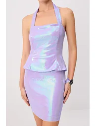 Lilac Plain Knitted Sequin Short / Mini Lined Dress - 2