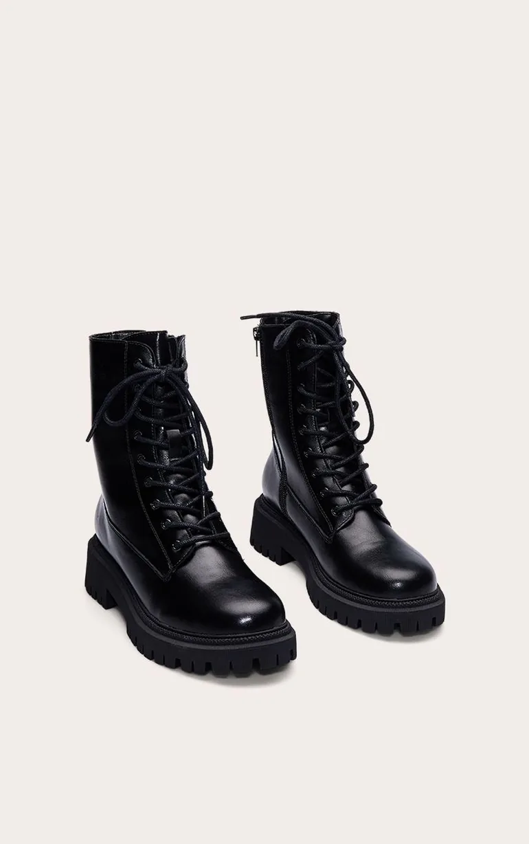Black Wide Fit Faux Leather Cleated Sole Ankle Biker Boots - 1