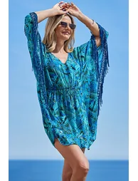 Blue Palm Print Fringe Detail Kaftan - 4