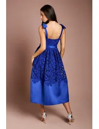 Bow Shoulder Square Neck Lace Midi Dress - 2