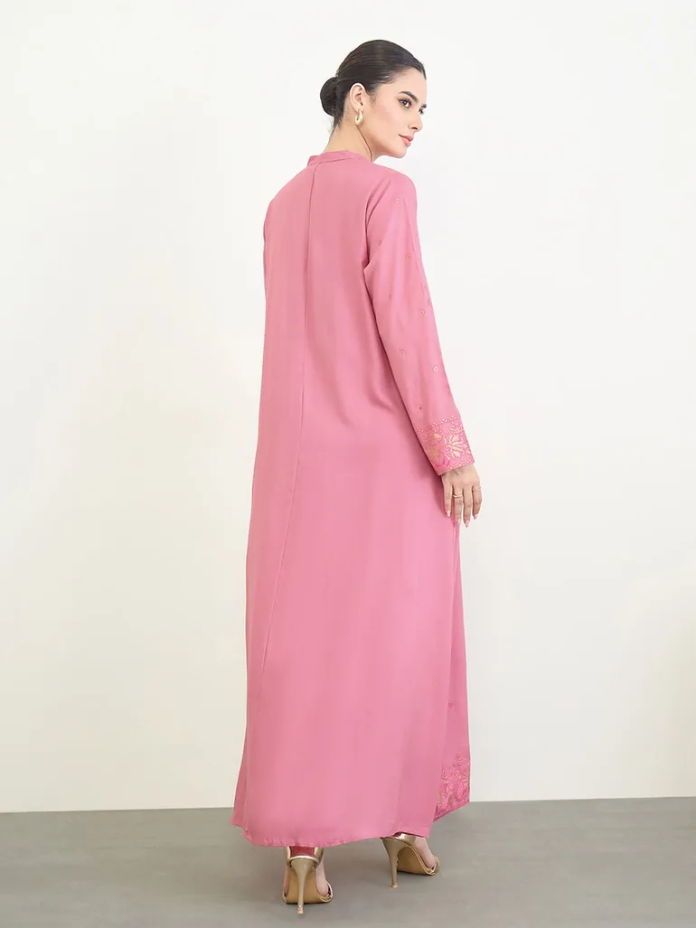 Pink Foil Print Long Sleeves Jalabiya - 4