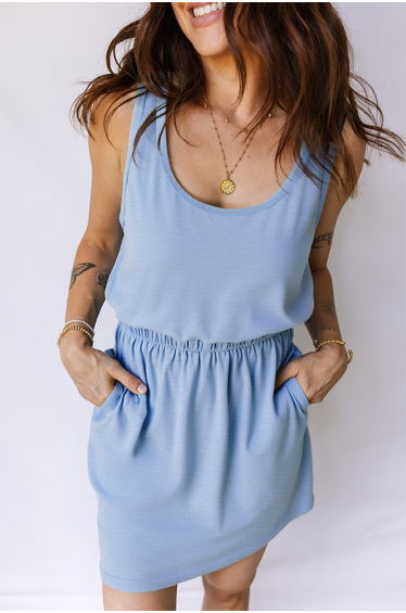 Lvness Sky Blue Mineral Wash Elastic Waist Tank Dress with Side Pockets