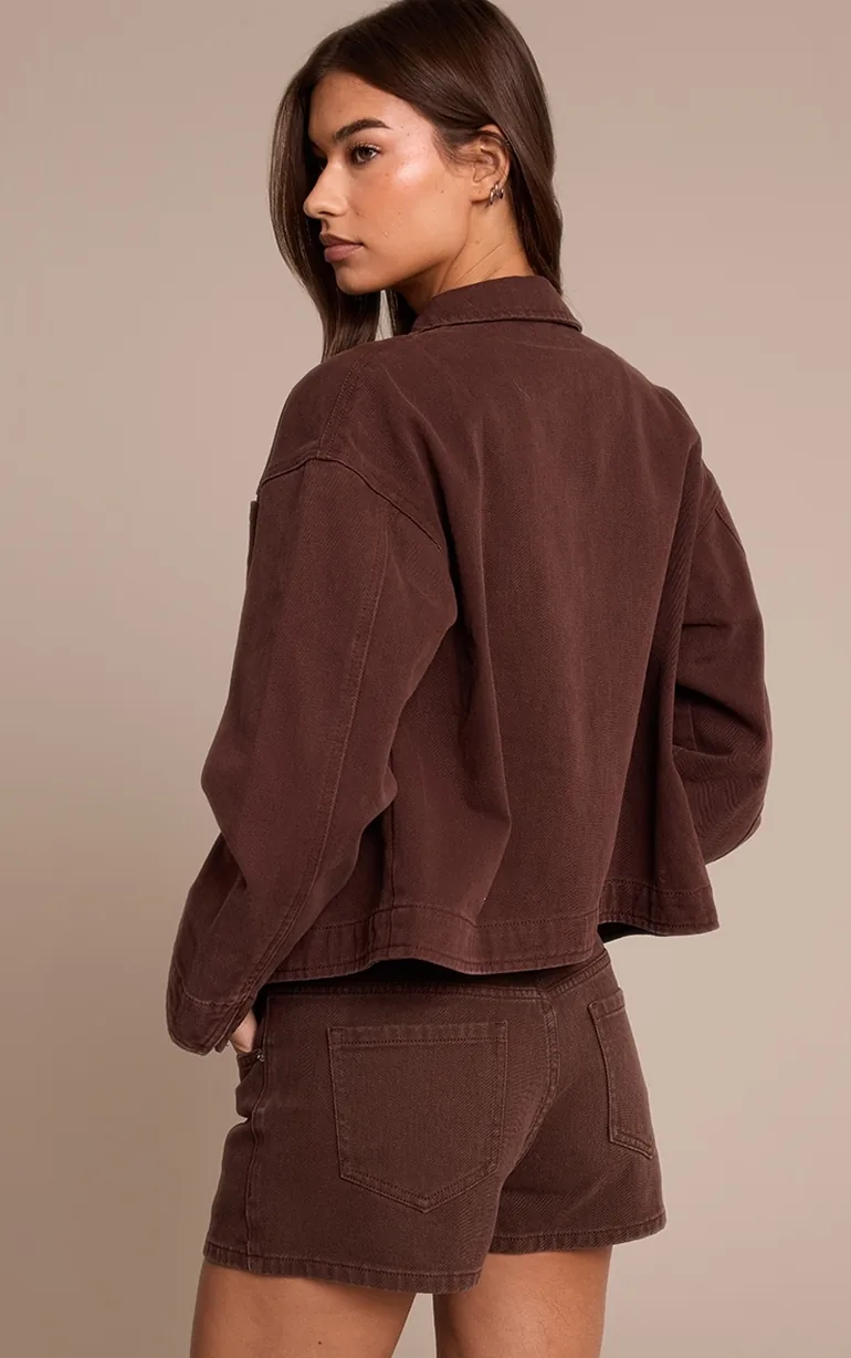 Chocolate Curved Hem Boxy Denim Jacket - 1