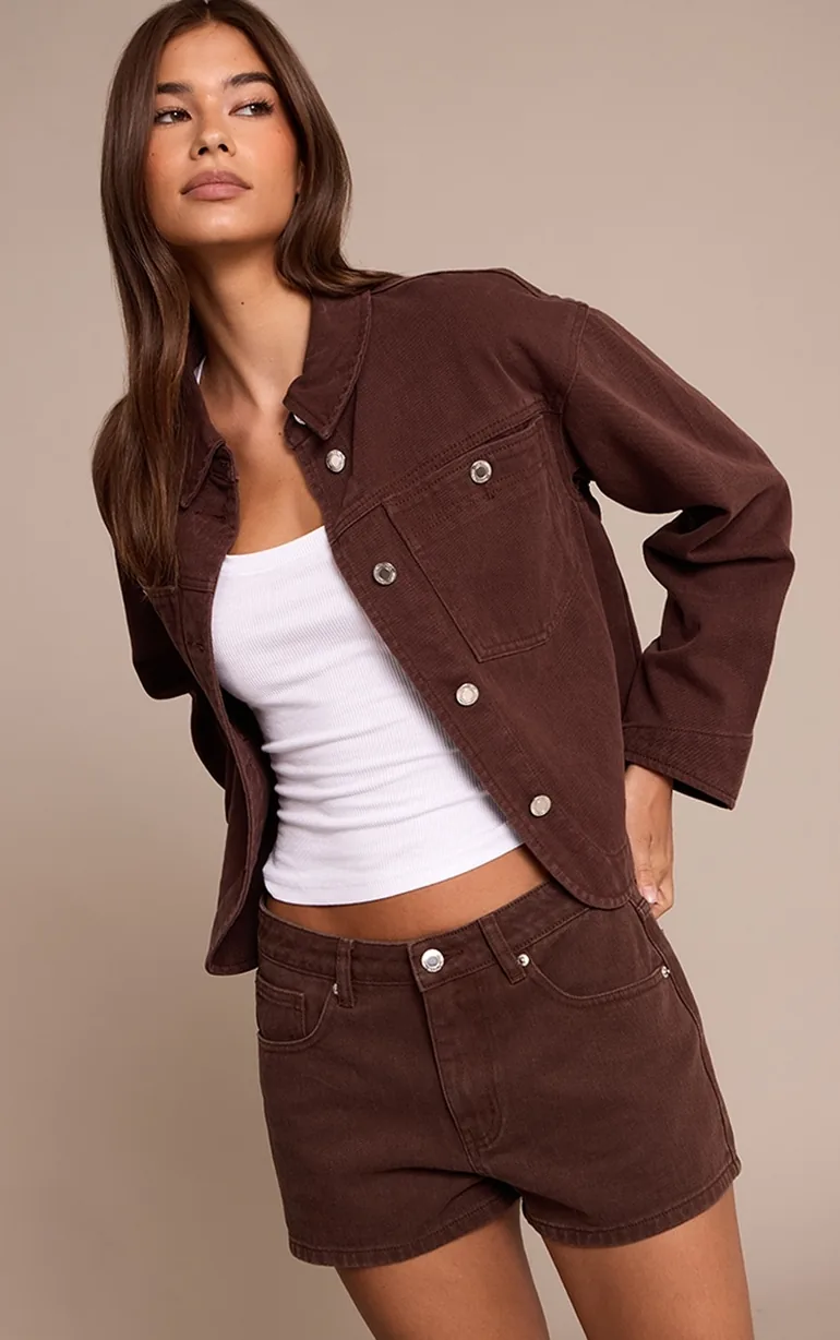 Chocolate Curved Hem Boxy Denim Jacket