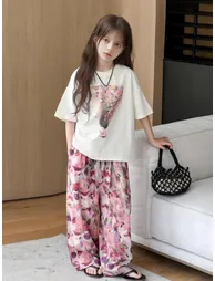 Girls Graphic Print T-Shirt and Wide Leg Pants Set