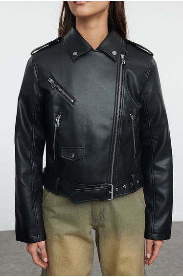 Black Regular Faux Leather Birker Jacket Coat product thumbnail 2