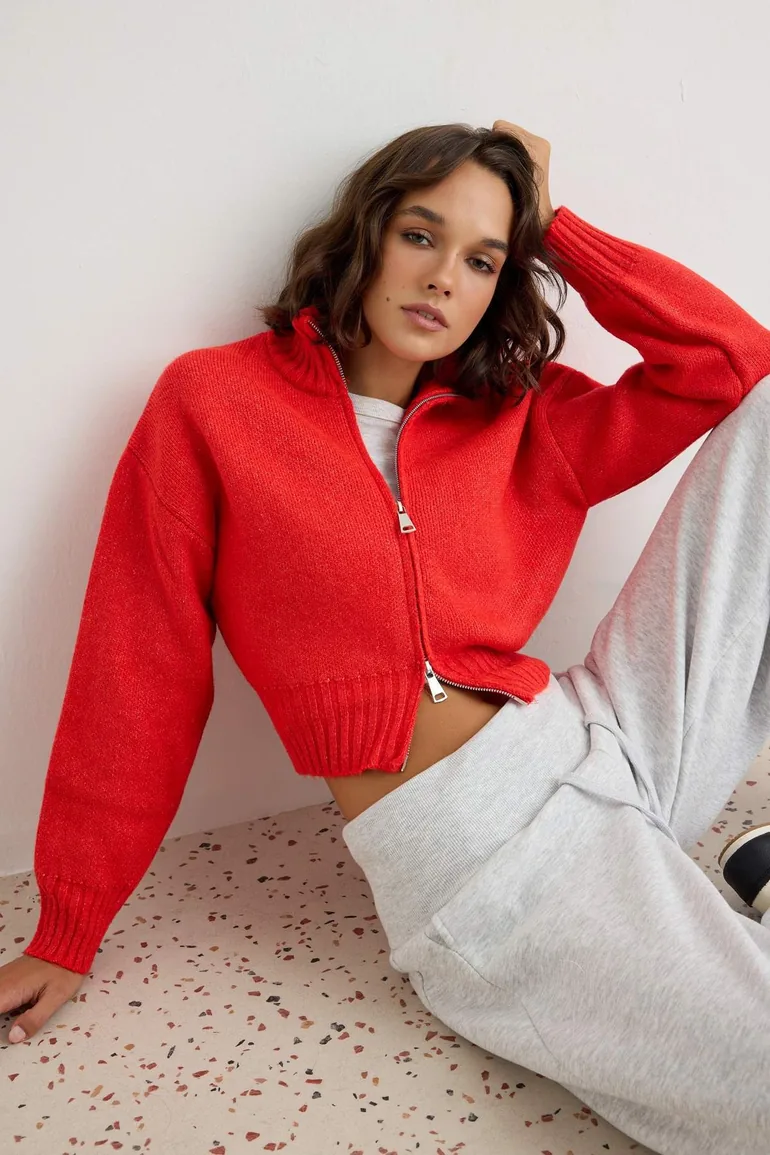 Red Stand-Up Collar Crop Waist-Fitted Knitwear Cardigan - 1