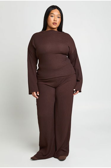 Plus Crinkle Tie Back Long Sleeve Top & Wide Leg Trouser Co ord - chocolate