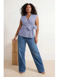 Blue Terrycotton Woven Plus Size Blouse