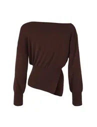 Brown Mercerized Look Boat Neck Slit Detailed Knitwear Sweater - 5