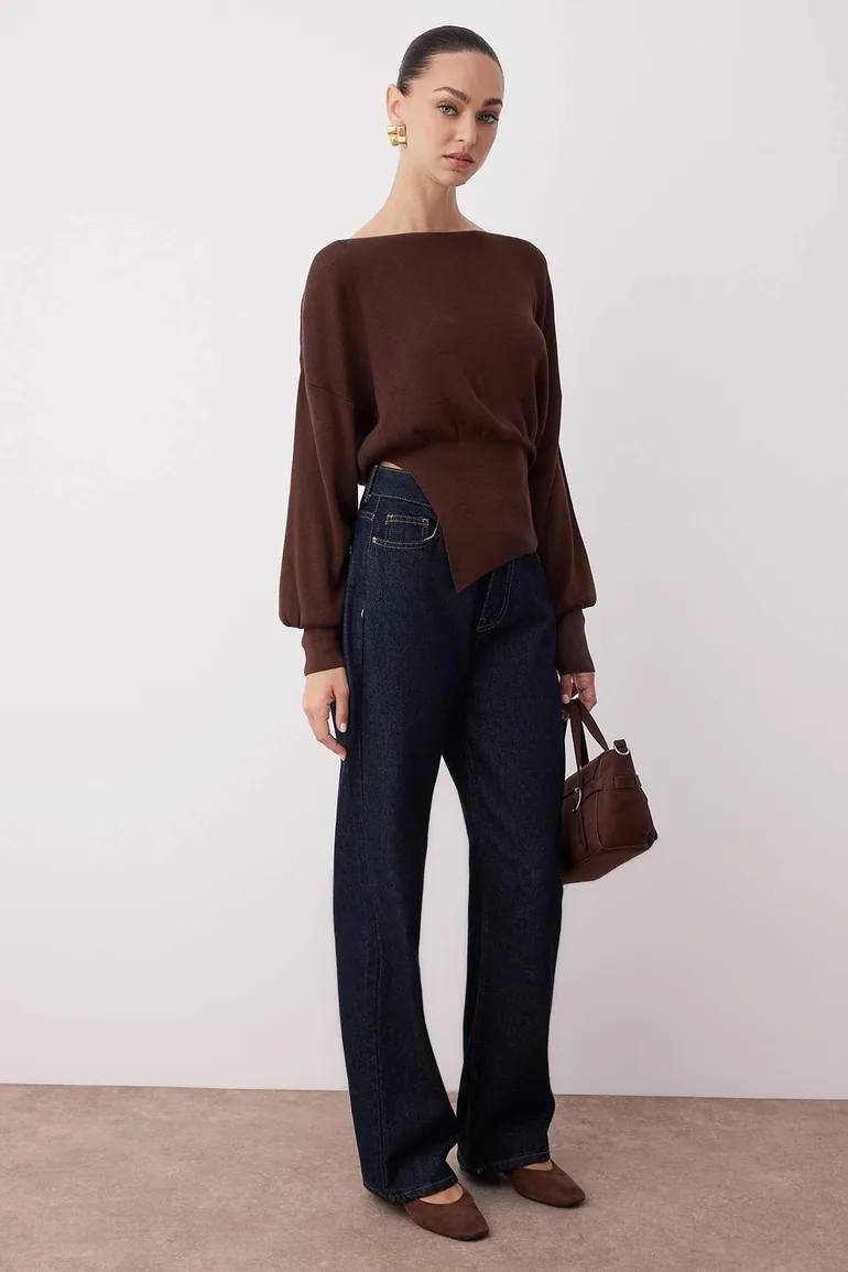 Brown Mercerized Look Boat Neck Slit Detailed Knitwear Sweater