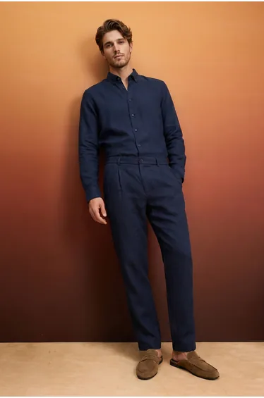 Navy Blue 100% Linen Elastic Waist Regular Waist Men's Trousers
