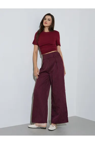 Burgundy Striped Wide Waistband Trouser