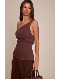 Petite Chocolate Asymmetric Open Back Denim Top - 1