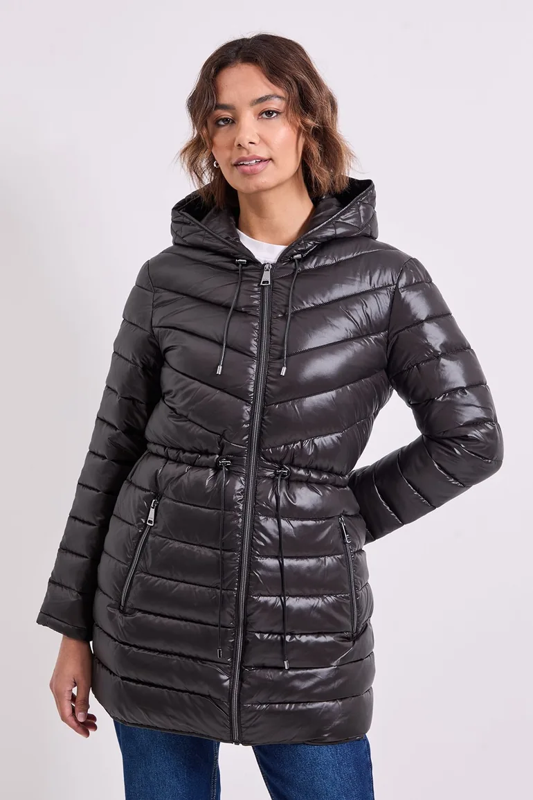 LIGHT WEIGHT LONG PUFFER WAIST ADJUSTERS BLACK - 1