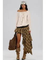 Kimamana Ruffle Grid Asymmetric Mini Skirt - 5