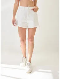 White Fringed Hem Denim Shorts - 1