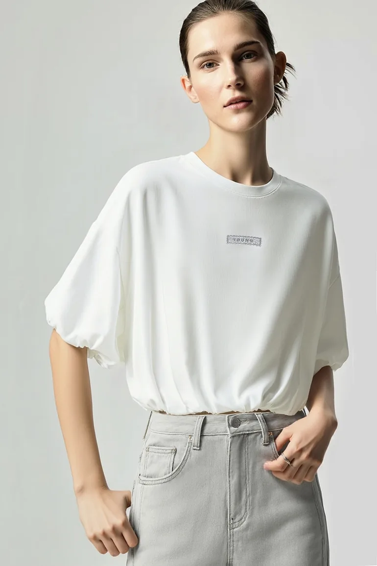 Round Neck Lantern Sleeve T-Shirt - 2