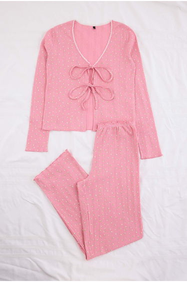 Pink 100% Cotton Lace Flower Patterned Ribbed/Pointel Knitted Pajama Set product thumbnail 2