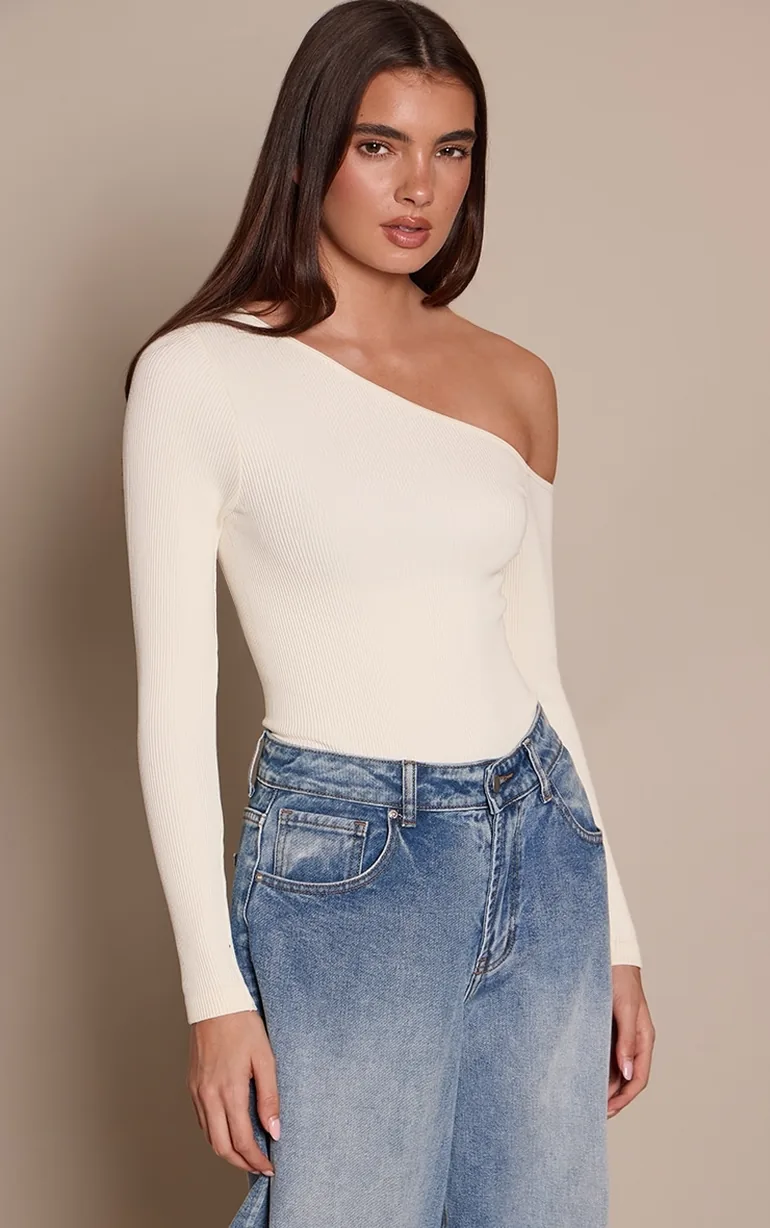 Cream Contour Rib Asymmetric Long Sleeve Bodysuit