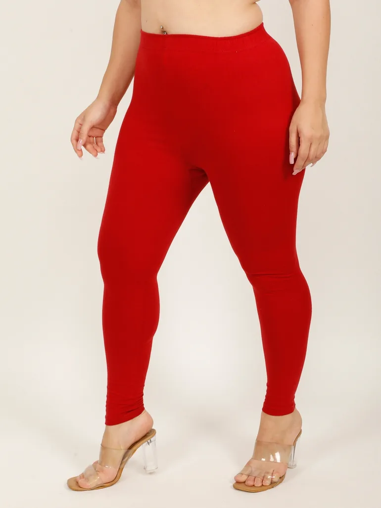 Women Maroon Solid Cotton Leggings - 2